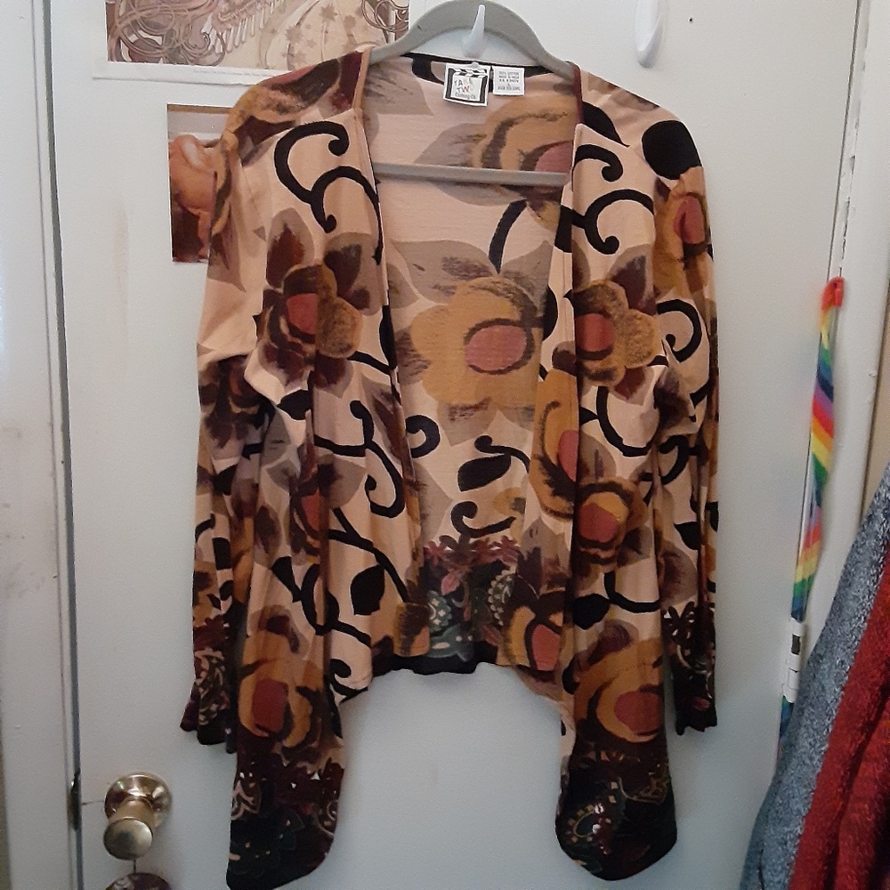 Take Two L 100% Cotton Waterfall Hem Floral Paisley Peach Pink Open Cardigan